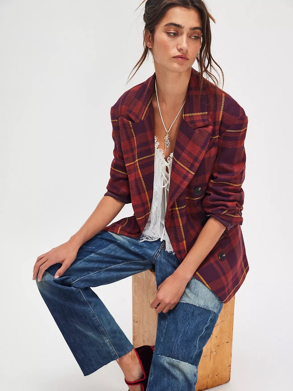 Free People • Dean Double-Breasted Blazer in Plum Combo